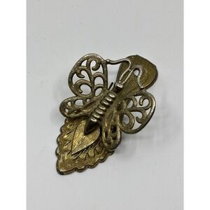 Vintage Gem Acc Brass Filigree Butterfly Desk Paper Clip Wall Mount Gold Tone